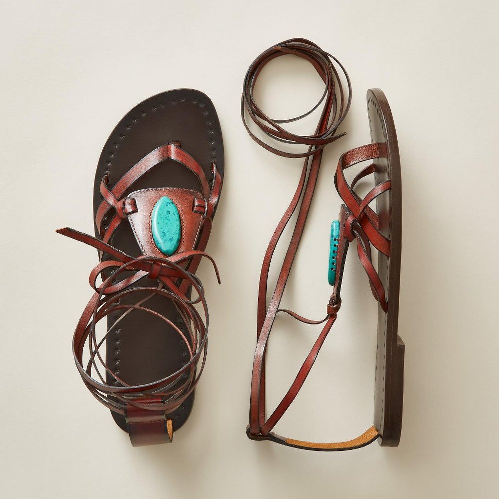 Sundance Brown Leather Gladiator Sandals with Turquoise Accent